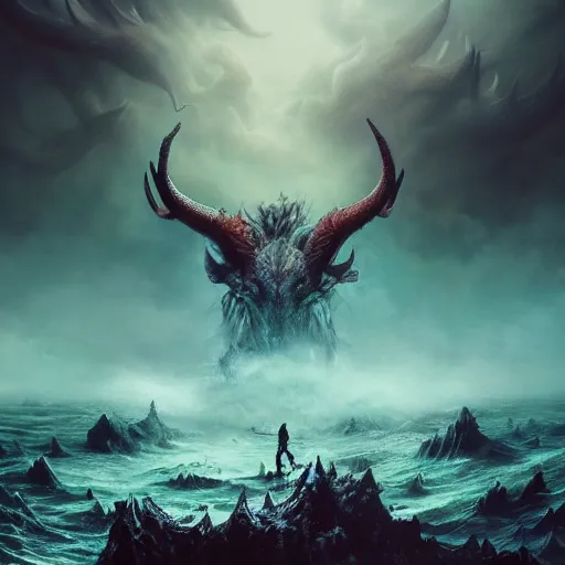 Prompt: mystical creature, monster, beast rising from the sea of blood, many horns, many heads, landscape, cinematic view, epic sky, detailed, concept art, low angle, high detail, warm lighting, volumetric, godrays, vivid, beautiful, trending on artstation, by jordan grimmer, huge scene, grass, art greg rutkowski