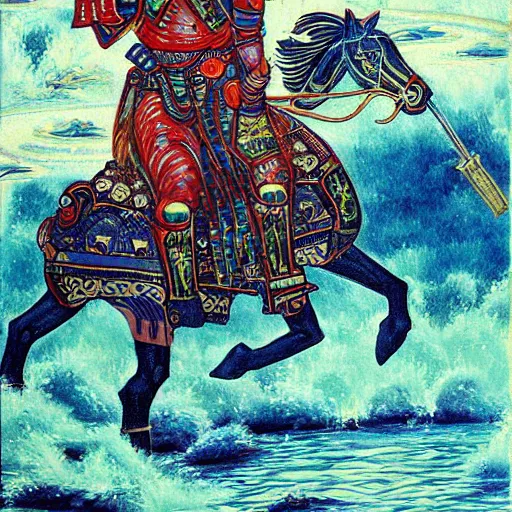 Prompt: a exotic metro pollynsdian warrior riding a horse through a river, painted by jorgihno gisbana and takashi tokyo, style of ultra capitalism surealism