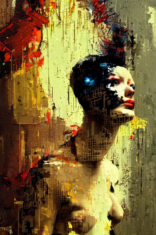 Image similar to a beautiful glitched painting by robert proch of a woman in a glitched bathroom, metal rust and plaster materials, pixel sorting, color bleeding, brushstrokes by jeremy mann, still life, dark colors