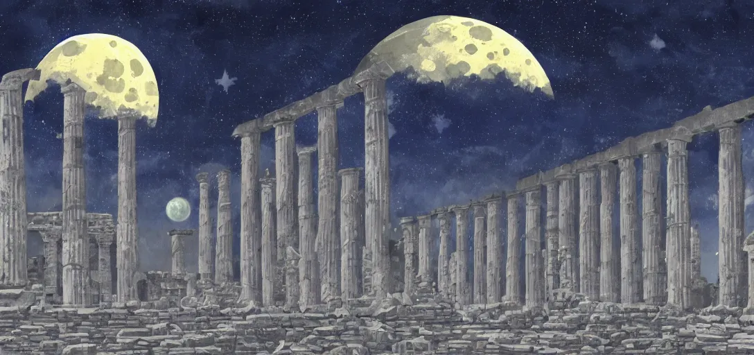 Image similar to The ruins of the Silver Millennium on the moon from Sailor Moon, digital painting, large Earth in the distance, Greek-esque columns and ruins