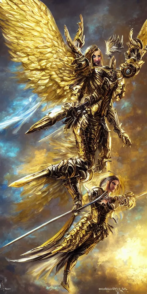 Image similar to fantasy angel warrior in armor with bright gold wings, epic flying pose, art, paint, fine details