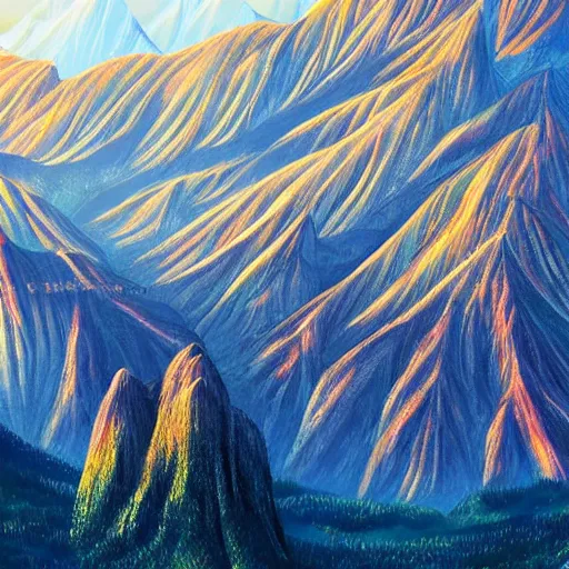 Prompt: mind exploration, vivid abstract landscape, mountains in background, brain like structures, main path is visible and energetic, large scale dimentional photo