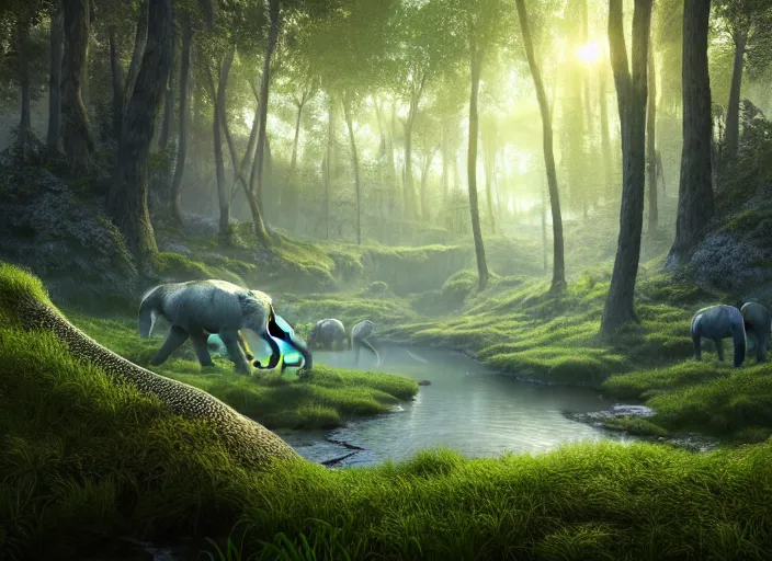 Prompt: hyperrealism, detailed textures, photorealistic 3 d render, a surreal mystical forest with a bright winding blue creek, wooly mammoths grazing, sharp focus, ultra realistic, ultra high pixel detail, cinematic, intricate, cinematic light, concept art, illustration, art station, unreal engine