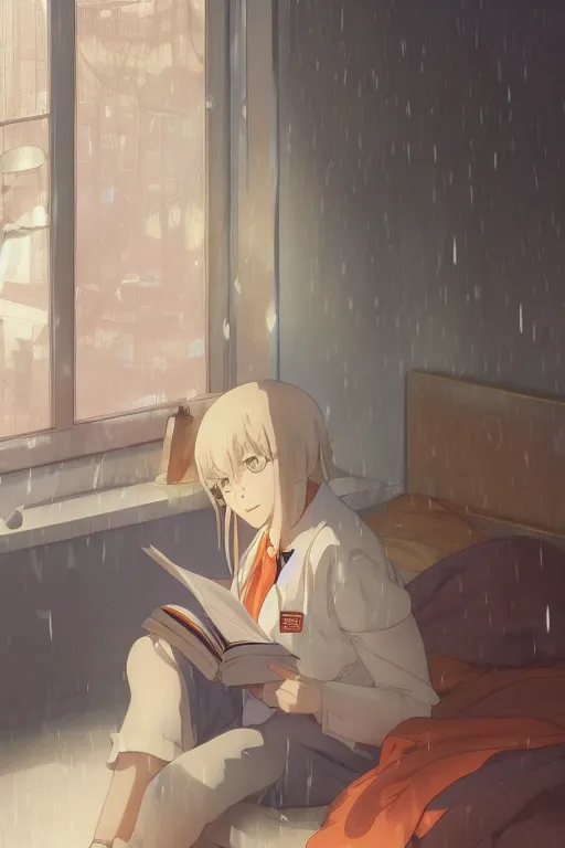 Prompt: a teenage girl with white short hair in a jk uniform outfit in the bedroom reading a book in a night, raining outside the window, grey and orange theme, by krenz cushart and mucha and akihito yoshida and greg rutkowski and makoto shinkai, 4 k resolution