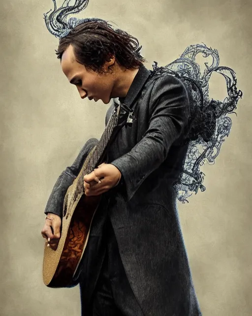 Prompt: a highly detailed portrait of Frank Dillane holding a guitar radiating a powerful energy aura, ornate black tuxedo, wispy tendrils of smoke, intricate, digital painting, old english, raining, sepia, particles floating, whimsical background by marc simonetti, artwork by liam wong