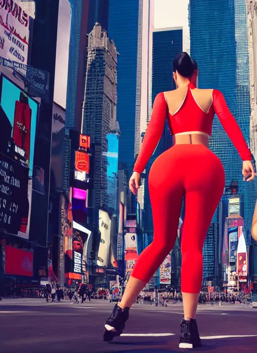 Prompt: kim kardashian, centered full body rear-shot, pov from rear, in red sportswear, real photo, photoshooting, studio light, nyc times square background, intricate, epic lighting, cinematic composition, hyper realistic, 8k resolution, unreal engine 5