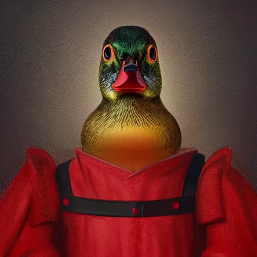 Image similar to portrait of cute mallard duck, glowing red eyes, wearing cultist red robe, doing witchcraft inside a castle, expressive oil painting, digital art, octane render