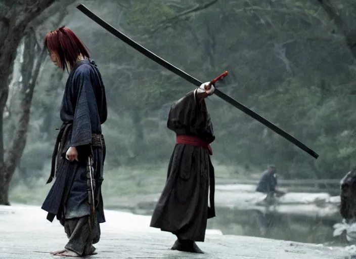 Image similar to movie still from Rurouni Kenshin, 2012, cinematic, Takeru Satoh, samurai half man half asian black bear, epic