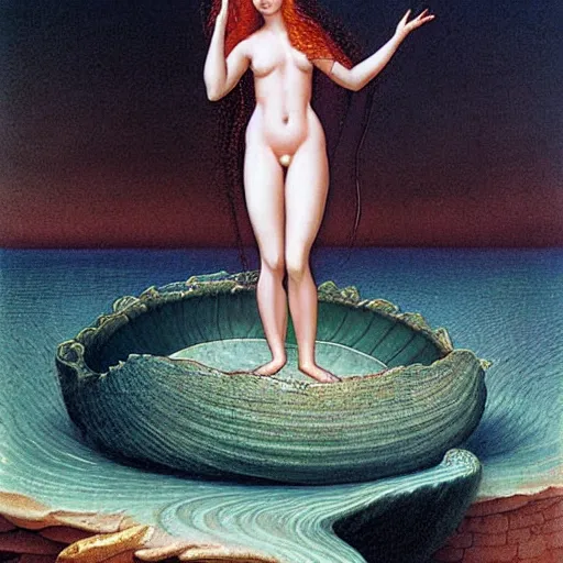 Prompt: The print depicts the moment when the goddess Venus is born from the sea. She is shown standing on a giant clam shell, with her long, flowing hair blowing in the wind. The print is full of light and color, and Venus looks like she is about to step into a beautiful, bright future. renaissance painting by Wayne Barlowe gloomy