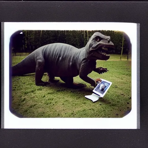 Prompt: polaroid photo of a t - rex 🦖 taking a polaroid photo of a cat