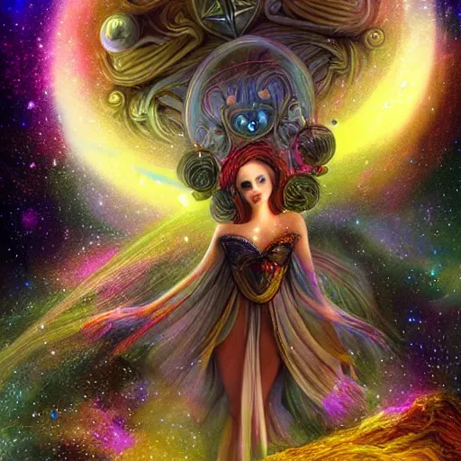 Prompt: somewhere in the cosmos we shall meet beautiful magical details and accents, astral cosmic illustration, by pablo amaringo, amazing background, cinematic lighting, colorful textured detail, wonderland storybook illustration, sharp images, 3 - d 8 k, high resolution, in the style of anne stokes, giger, adi granov, elena masci, pawel rebisz