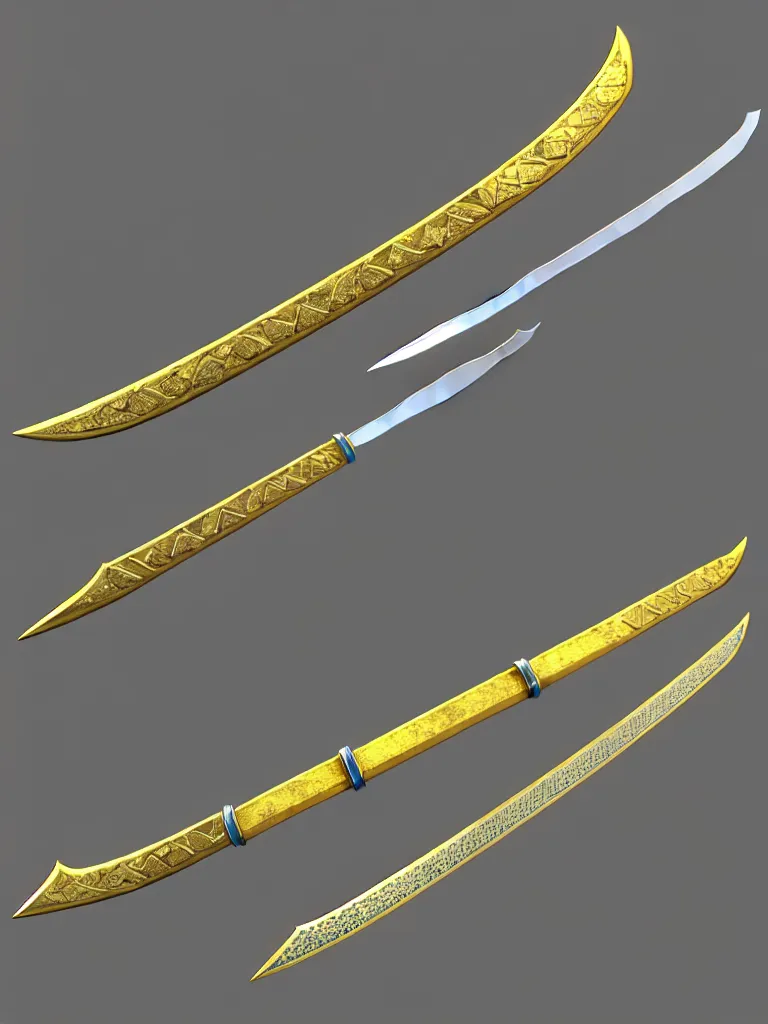 Prompt: long sword, proportional image, clean background, 3 d octane render, blade, sharp, gold, gems, cryptoblades