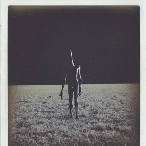 Image similar to polaroid photo of an empty field with a figure with long limbs standing in the far distance