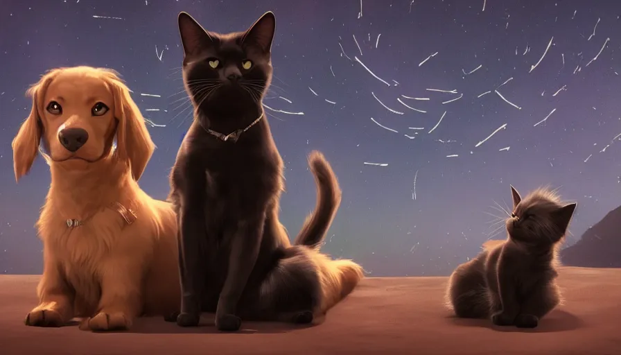 Image similar to black cat and brown dog looking at the stars together, hyperdetailed, artstation, cgsociety, 8 k