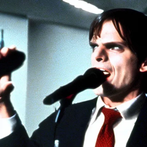 Prompt: John Maus singing in American Psycho (1999)