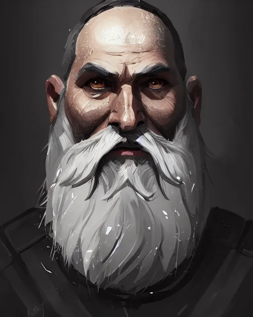 Prompt: a portrait of an old knight with short white beard, grim - lighting, high - contrast, intricate, elegant, highly detailed, digital painting, artstation, concept art, smooth, sharp focus, illustration