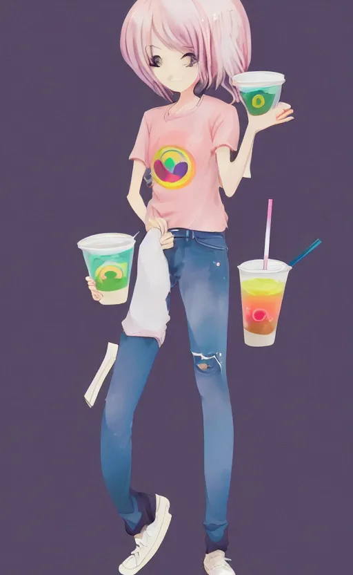 Image similar to a kawaii woman with rainbow hair, happy, summer time, holding boba tea drink, soft eyes and narrow chin, dainty figure, long hair straight down, kawaii shirt and jeans, basic white background, In style of by Jordan Grimmer and greg rutkowski, crisp lines and color