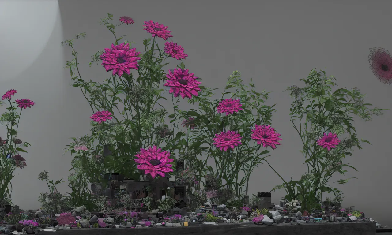 Prompt: hazy punk flowers diorama fused into epoxide, high specular detail, raytracing, translucency, raymarching, image from new movie by digital domain and weta digital, strong ambient occlusion
