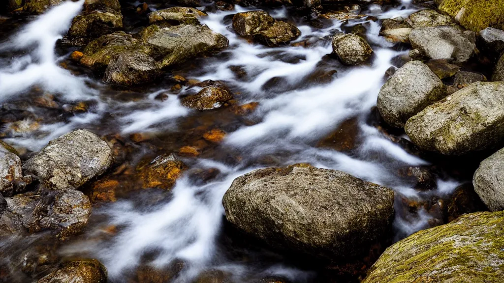 Prompt: Water stream on rocks. Low shutter effect.