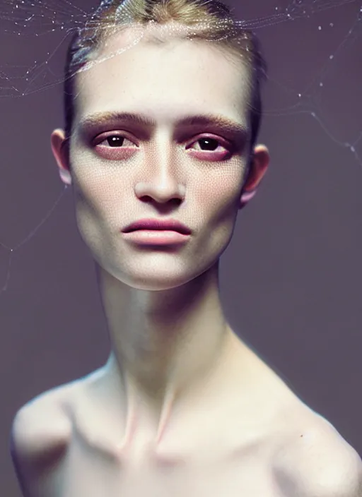 Image similar to Kodak Portra 400 of a beautiful woman, 8K, soft light, volumetric lighting, highly detailed, britt marling style 3/4 , fine art portrait photography by Paolo Roversi, face merging with opalescent pider, elegant bust and neck with intricate opalescent spiderwebs details, symbolic metamorphosis complex 3d render , 150 mm lens, art nouveau fashion embroidered, elegant, hyper realistic, ultra detailed, octane render, soft colours scheme, emotionally evoking, head in focus, fantasy, soft blur background light, volumetric lighting, highly detailed, Refined, Highly Detailed, fine art fashion magazine style, Hyper realistic, photo realistic