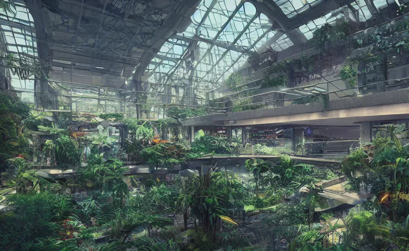 Prompt: Interior of an interstellar abandoned shopping mall overgrown with plants, rendered by Beeple, by Makoto Shinkai, synthwave style, environment concept, digital art, unreal engine, WLOP, trending on artstation, 4K UHD image,