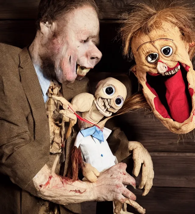 Prompt: hyper realistic photography of dead ventriloquist with terrific monster wooden puppet