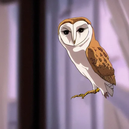 Image similar to a shot of a barn owl in a suit in evangelion 1 0 movie, movie shot, anime, hightly detailed, rescalated 4 k, detailed