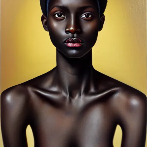 Image similar to A portrait of a thin trendy and gorgeous non-binary person, dark black skin tone, oil painting, majestic, detailed, high resolution