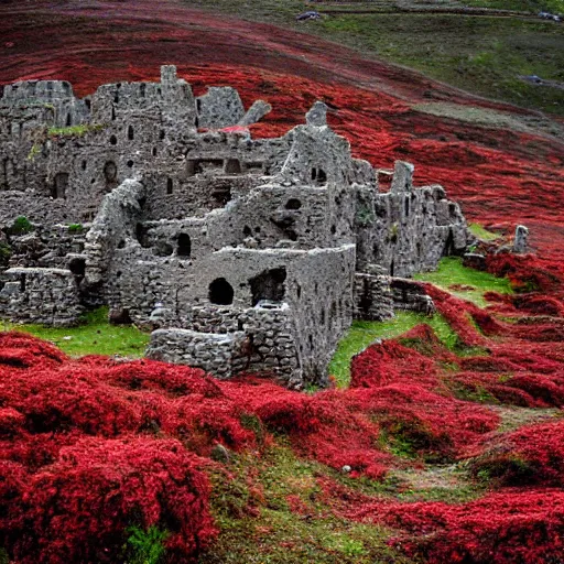 Prompt: the ruins of a giant village made out of stone, overgrown by red moss