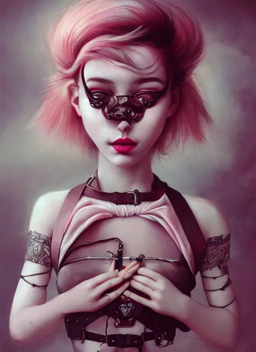 Prompt: pop surrealism, lowbrow art, realistic cute girl painting, pink body harness, shibari, hyper realism, muted colours, rococo, natalie shau, loreta lux, tom bagshaw, trevor brown style,