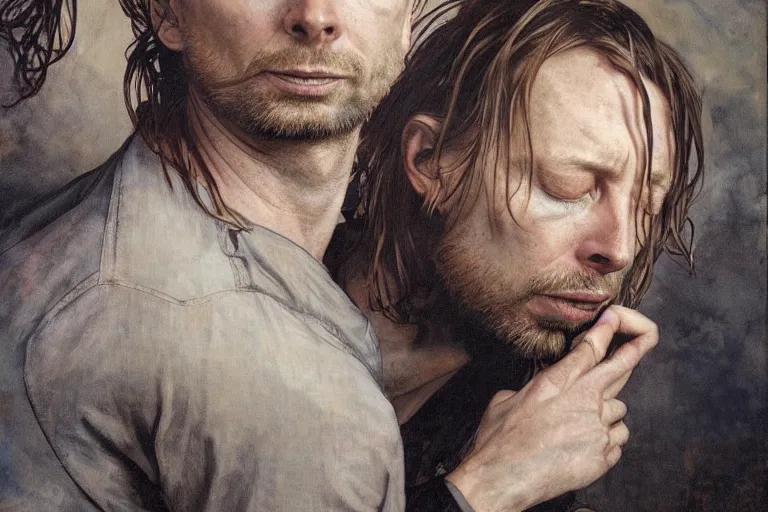 Image similar to hyper realistic portrait of thom yorke singer songwriter, side, liminal space, by lee bermejo, alphonse mucha and greg rutkowski