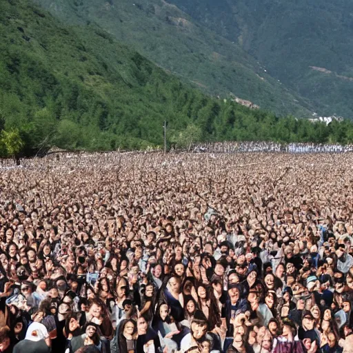 Image similar to the Ryan Gosling army filled the field, against the backdrop of a mountainous area