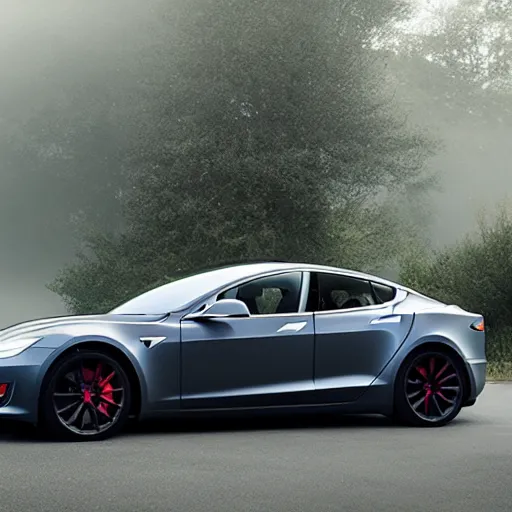 Image similar to a v 8 sport car designed by tesla, outdoor magazine, ambient light, fog