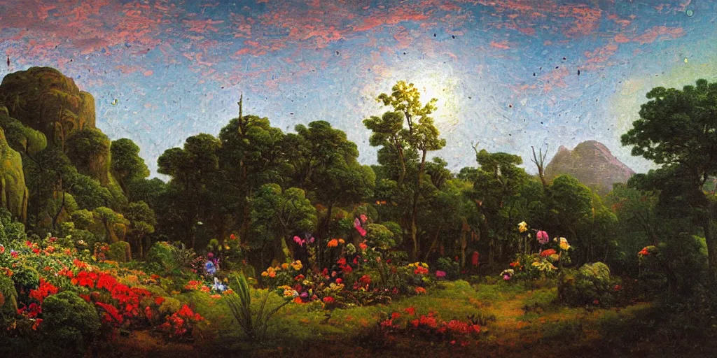 Prompt: a flowering garden in a crater on the moon, a small garden shed is standing beside the crater, impasto paint in the style of martin johnson heade and h. r. giger,