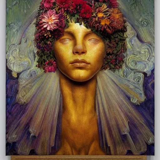 Image similar to masterpiece painting of a facemask made of flowers, by annie swynnerton and jean delville and tino rodriguez and diego rivera, stylized, flower mask, symbolist, dramatic lighting, god rays, elaborate geometric ornament, clean crisp graphics, soft cool colors, smooth sharp focus, extremely detailed