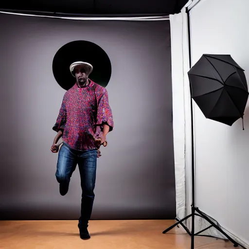 Prompt: black man dancing inside a state of the art photography studio