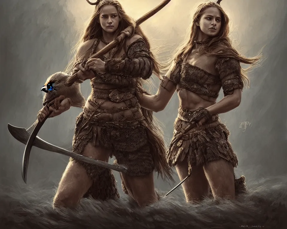 Prompt: gorgeous!! hyper - realistic single!!! woman resembling alicia vikander as a battle - worn viking warrior wielding a giant axe, accompanied by a dire wolf | intricate, highly detailed, digital painting, character design, character concept art | drawn by wlop, drawn by jeehyung lee, drawn by artgerm, drawn by peter kemp