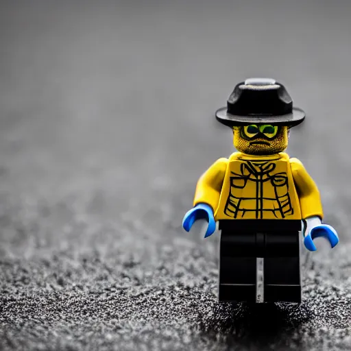 Image similar to macro photo of a miniature lego walter white minifigure, canon 8 0 d, canon 1 0 0 mm f / 2. 8, 4 k,