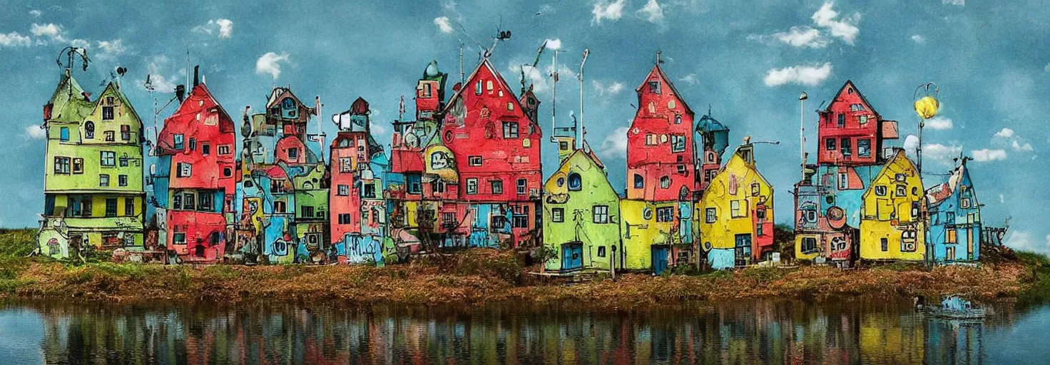 Prompt: quirky surreal naive houses painted by alexander jansson, bright colors