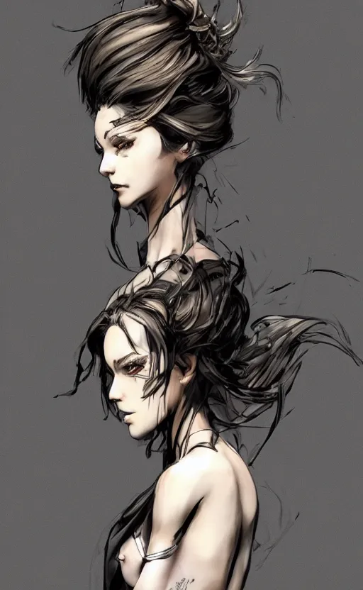 Image similar to a woman sitting in a long gown, her back is to us completely, pinterest hair picture, back of the hair, long In style of Yoji Shinkawa and Hyung-tae Kim, concept art, highly detailed