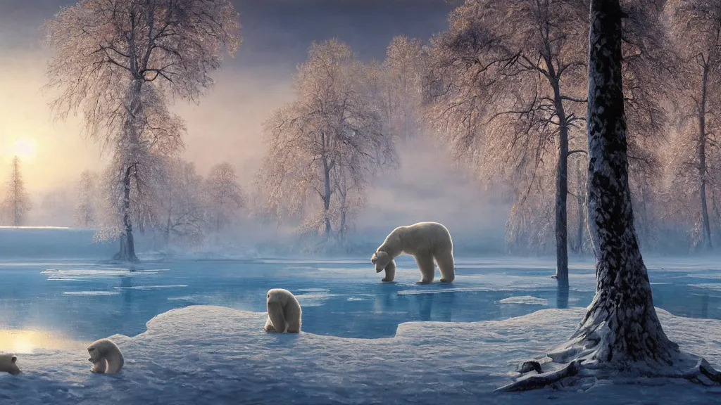 Image similar to the most beautiful panoramic landscape, oil painting, where a giant dreamy lake is frozen, the trees around have snow over their leafs, a giant polar bear is exhaling steam while walking over the frozen lake, the frozen lake is reflecting the giant polar bear and the ray lights of the sunrise are brightening him, by greg rutkowski