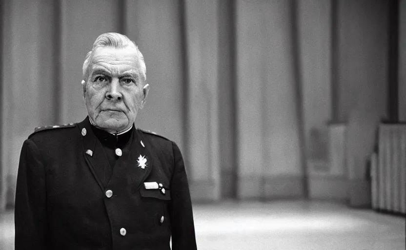 Image similar to 50s movie still close-up portrait of an elder soviet general in a empty stalinist hall, by David Bailey, Cinestill 800t 50mm chrome b&w, heavy grainy picture, very detailed, high quality, 4k, HD criterion, precise texture and facial expression