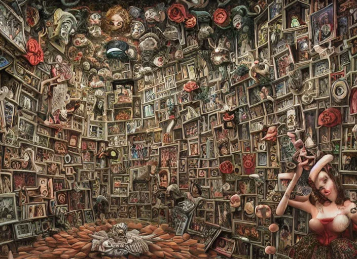 Prompt: where's waldo, lowbrow, matte painting, 3 - d highly detailed, in the styles of mark ryden, giger, amy sol