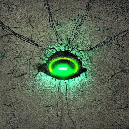 Prompt: a disturbing photograph of a monster made of roaches and spiders with glowing green eyes in dark concrete room with a single light bulb hanging from a wire. extreme detail. low color saturation.