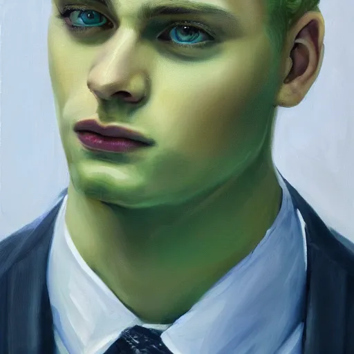 Image similar to A beautiful painting of a young man, blonde, wearing a suit, oil painting, green eyes, gloomy lighting, hyper detailed, trending on artstation