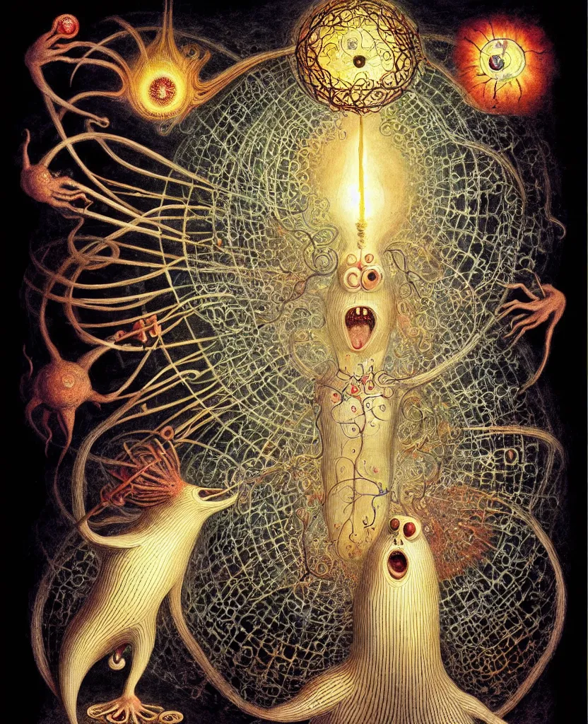 Image similar to whimsical freaky creature sings a unique canto about'as above so below'being ignited by the spirit of haeckel and robert fludd, breakthrough is iminent, glory be to the magic within, painted by ronny khalil