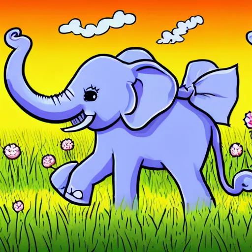 Prompt: cute cheerful elephant with his two ears and his trunk in a meadow, colouring - in sheet, concept design, character art, sharp focus, highly detailed, artstation