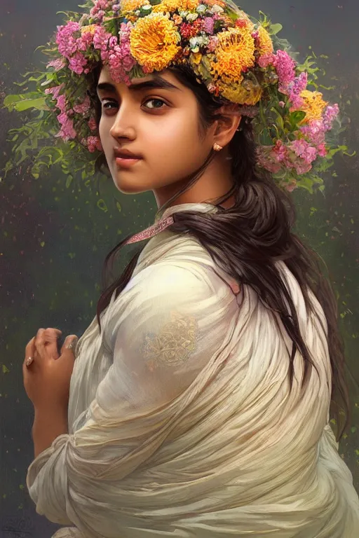 Image similar to ultra realistic illustration, indian girl with flowers blossoming from helmet, elegant, highly detailed, digital painting, concept art, smooth, sharp focus, illustration, art by artgerm and greg rutkowski and alphonse mucha