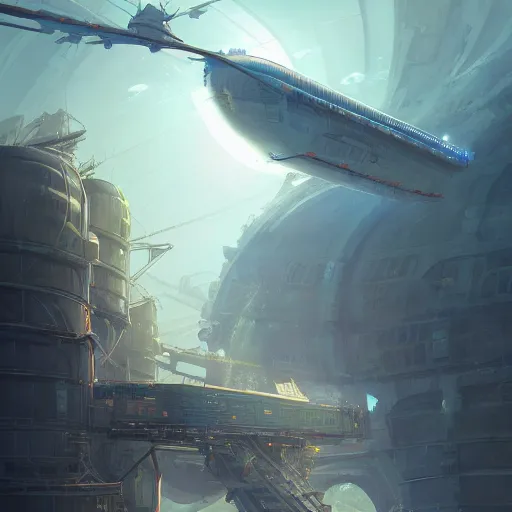 Prompt: A futuristic flying solarpunk overgrown scientific cargo airship on a sunny day, solar panels, art by Andreas Rocha and greg rutkowski, highly detailed, digital painting, matte painting, concept art, illustration, warm lighting, trending on artstation, very detailed