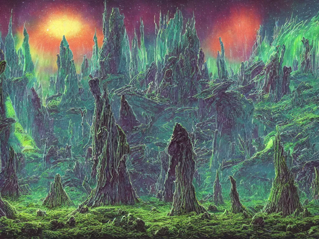 Image similar to an epic concept art, intricate coral, fungal gems, iridescent crystal monoliths, obelisks and an aurora borealis, mossy stumps, cell shading, by moebius, hiroshi yoshida, druillet, colorful, vivid colors